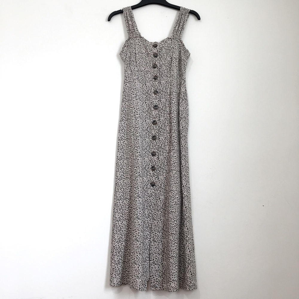 Japna Y2K Preppy Tan Black Leopard Button Front Smocked Sleeveless Maxi Dress